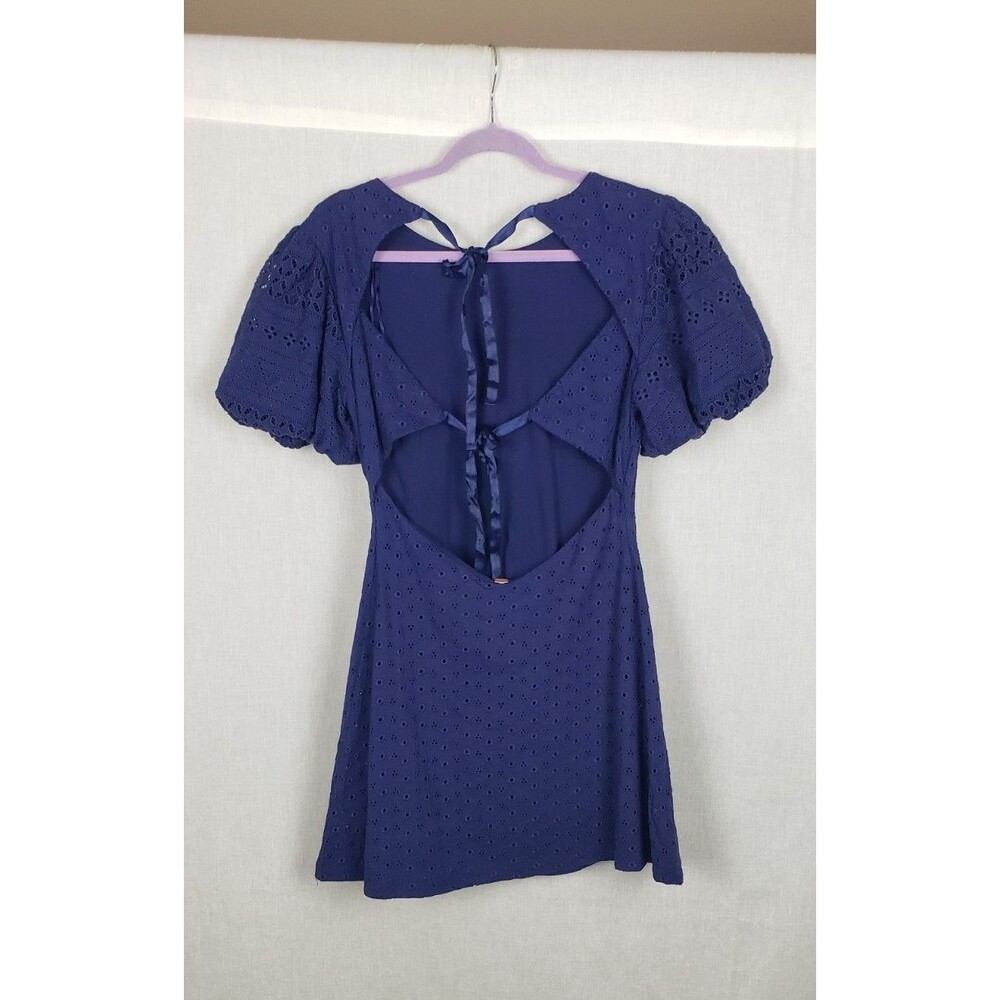 Free People Mini Dress Apricot Rose Puff Sleeve Eyelet Indigo Navy Blue Small - Picture 2 of 8